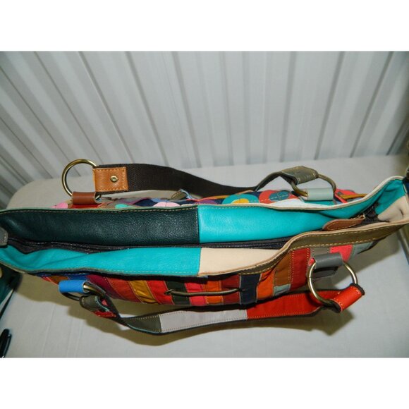 Amerileather Multicolor Lg Leather Tote Bag Colorful Patchwork Tassels Adj Strap - Picture 10 of 16